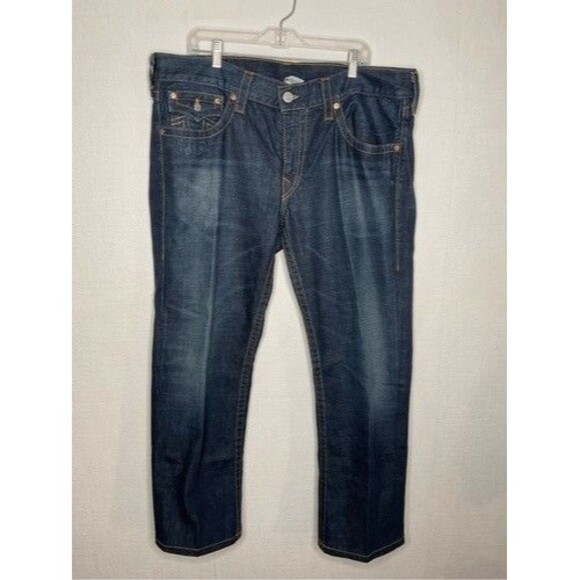 True Religion Billy Seat 34 Blue Stitching FlapPocket Straight Jeans Men Size 38 - Picture 10 of 14